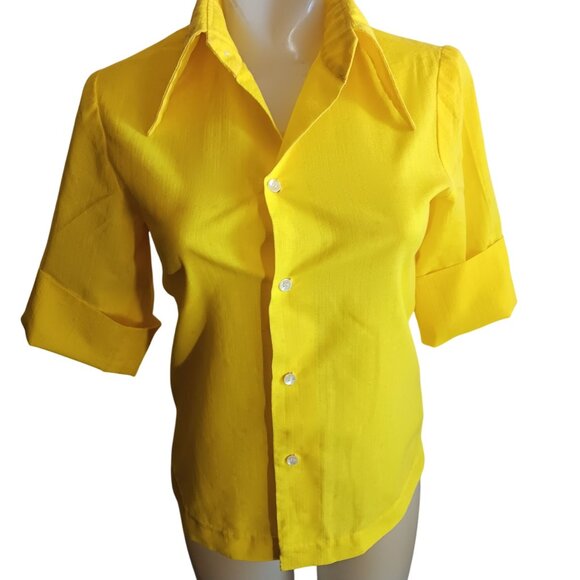 1Of1 Women's XS Vintage Yellow Button-Up Blouse Fold-Over 3/4 Sleeves Handmade - Picture 1 of 9
